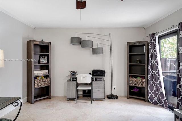 home office featuring ceiling fan and crown molding