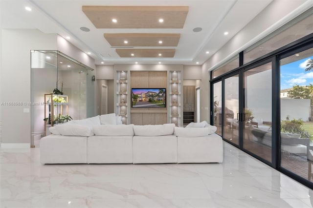 living room featuring a raised ceiling