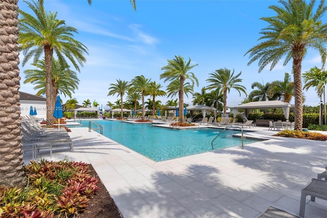 view of swimming pool featuring a patio area