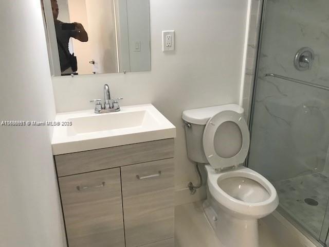 bathroom featuring vanity, toilet, and walk in shower