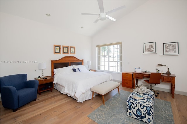 bedroom featuring high vaulted ceiling, ceiling fan, and light hardwood / wood-style floors