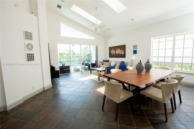 dining room featuring high vaulted ceiling, a skylight, ceiling fan, and plenty of natural light