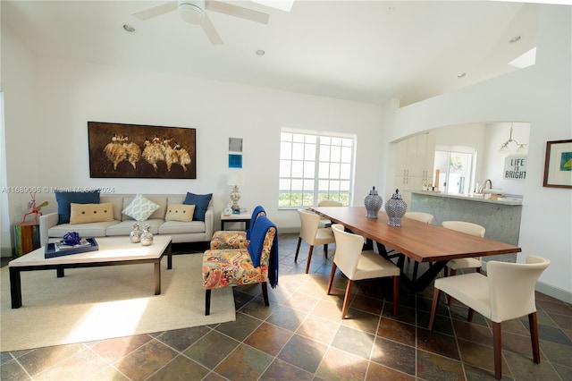 interior space featuring ceiling fan