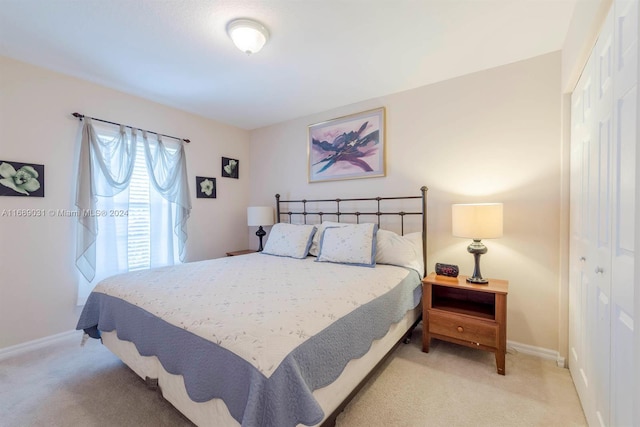 bedroom with a closet and light carpet