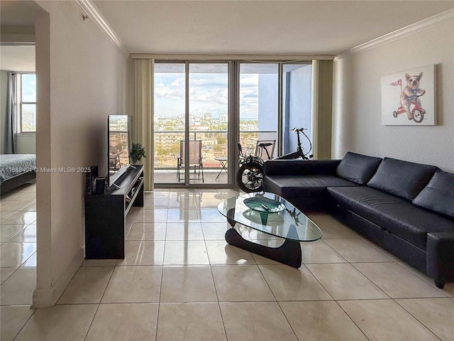 living room featuring expansive windows, crown molding, and light tile patterned floors