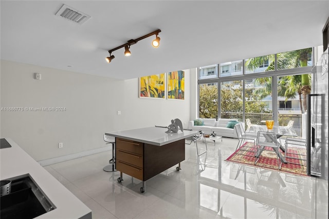 tiled office with track lighting and floor to ceiling windows