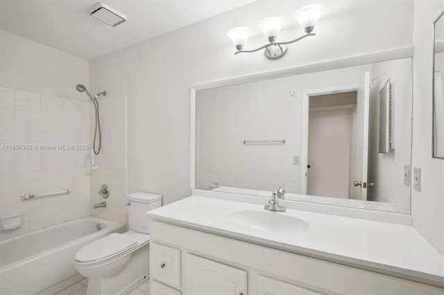 bathroom featuring tub / shower combination, visible vents, toilet, and vanity