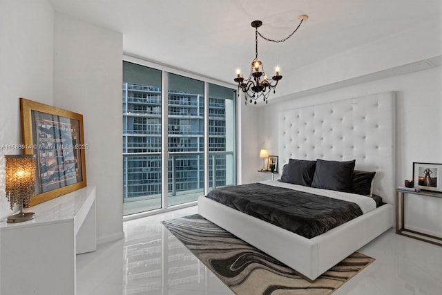 tiled bedroom with access to exterior, expansive windows, and a chandelier