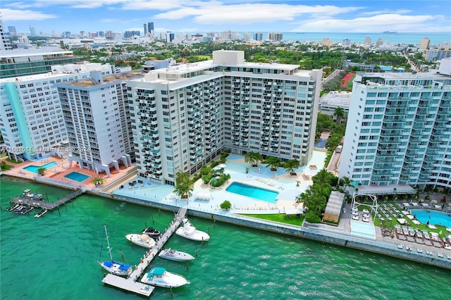 drone / aerial view featuring a water view