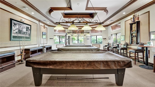 game room featuring carpet floors, crown molding, pool table, and a tray ceiling