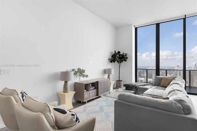 living room featuring wood-type flooring, expansive windows, and a healthy amount of sunlight