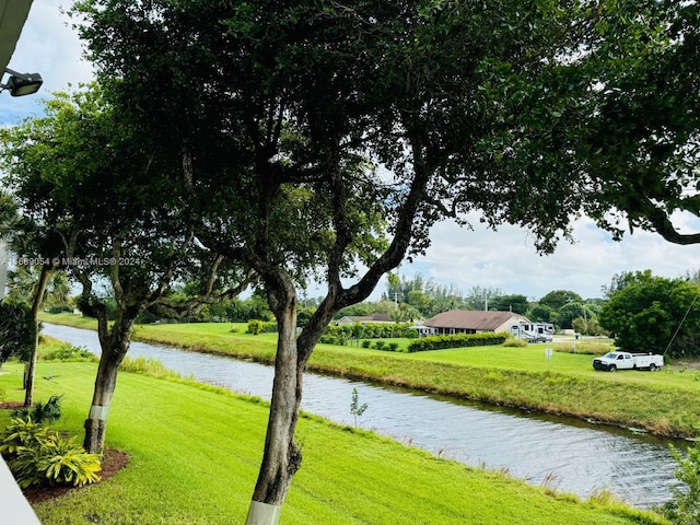 view of property's community with a water view and a lawn