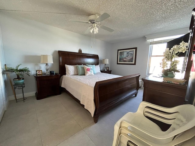 bedroom featuring a textured ceiling and ceiling fan