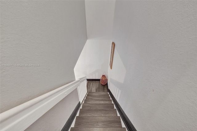 stairway featuring wood-type flooring