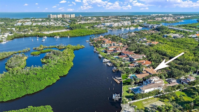 aerial view featuring a water view