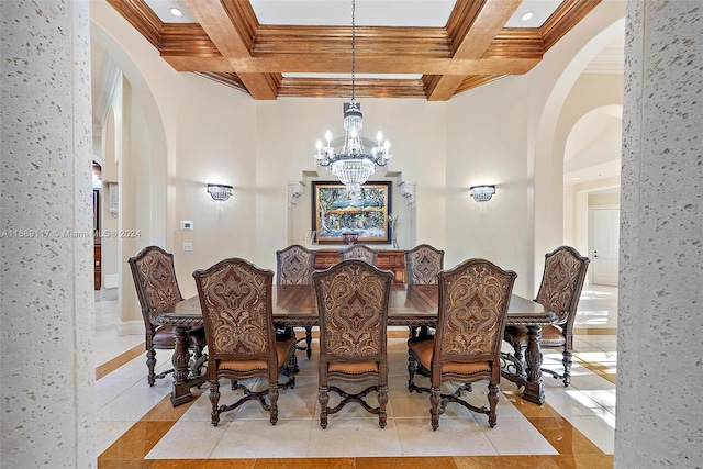 dining space featuring a high ceiling, beamed ceiling, coffered ceiling, and an inviting chandelier