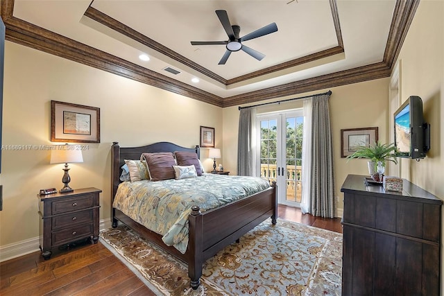 bedroom with access to outside, french doors, crown molding, dark hardwood / wood-style flooring, and ceiling fan