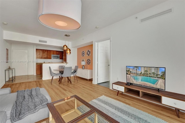 living room with light hardwood / wood-style flooring