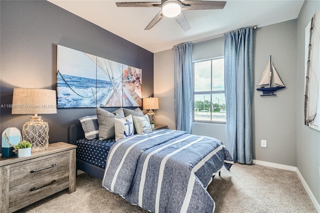 bedroom featuring carpet flooring and ceiling fan