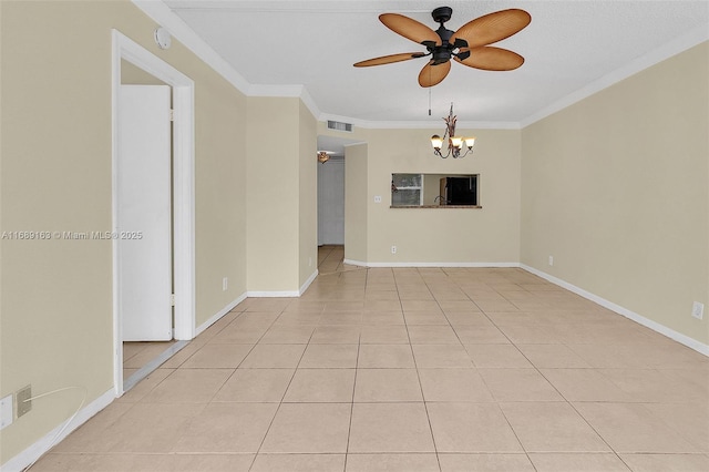 tiled empty room featuring ornamental molding and ceiling fan with notable chandelier