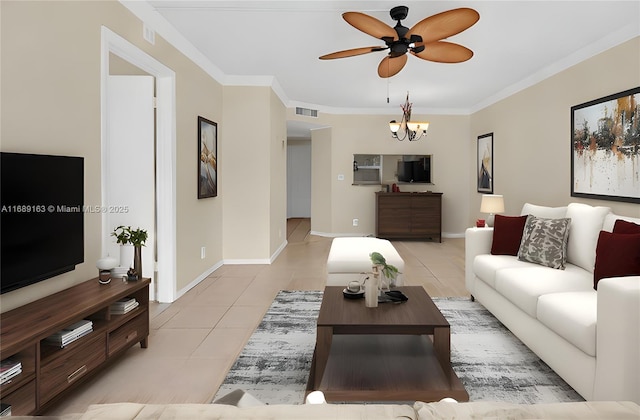 tiled living room featuring crown molding and ceiling fan with notable chandelier