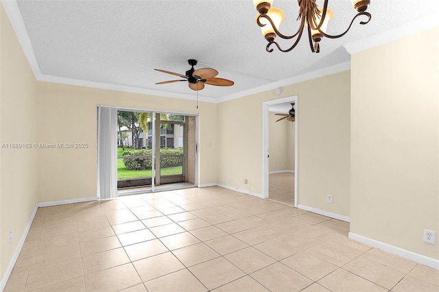 unfurnished room featuring ornamental molding, ceiling fan with notable chandelier, light tile patterned floors, and a textured ceiling