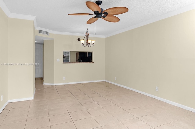 spare room with ornamental molding, ceiling fan with notable chandelier, a textured ceiling, and light tile patterned floors