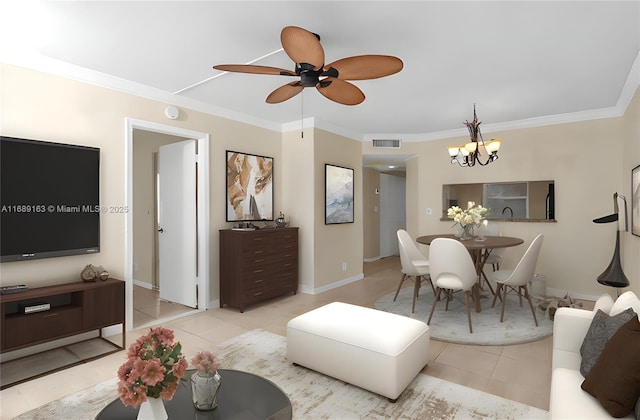 tiled living room with ornamental molding and ceiling fan with notable chandelier