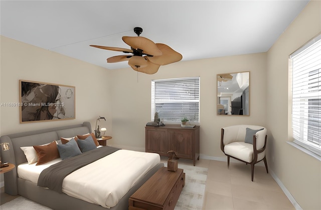 bedroom featuring ceiling fan and multiple windows