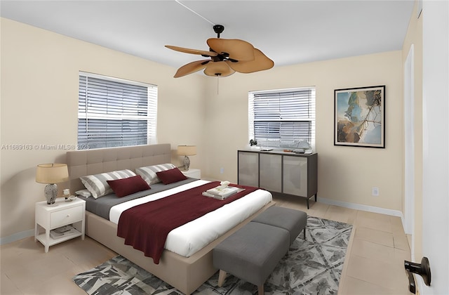 bedroom with light tile patterned floors and ceiling fan