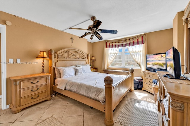 bedroom with light tile patterned floors and ceiling fan