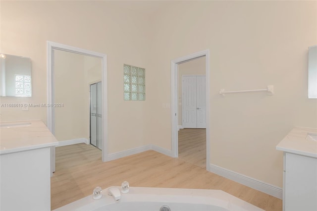 bathroom featuring vanity, hardwood / wood-style floors, and a bathing tub