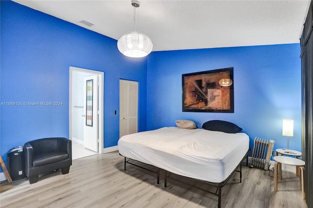 bedroom featuring light hardwood / wood-style floors, a closet, and lofted ceiling