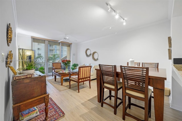 dining room with ornamental molding, ceiling fan, track lighting, and light hardwood / wood-style floors