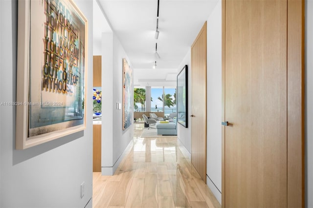 corridor featuring track lighting and light hardwood / wood-style flooring