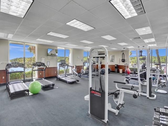 exercise room with a drop ceiling and plenty of natural light