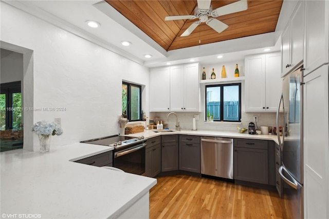 kitchen featuring plenty of natural light, sink, wooden ceiling, and stainless steel appliances