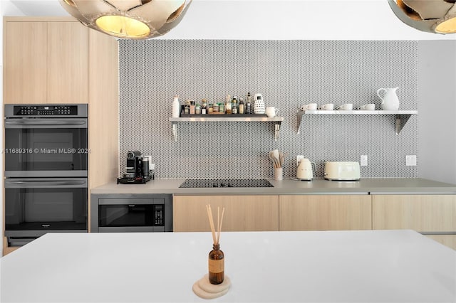 kitchen featuring tasteful backsplash, light brown cabinets, and stainless steel appliances