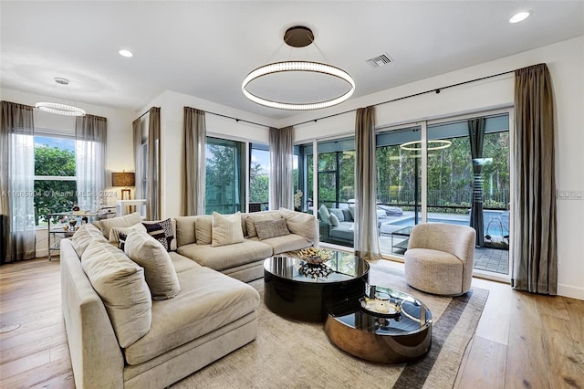 living room with light wood-type flooring and plenty of natural light