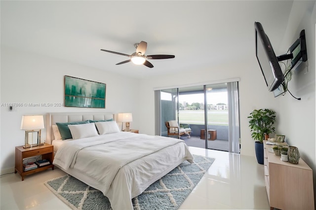 bedroom featuring access to exterior, ceiling fan, and light tile patterned flooring