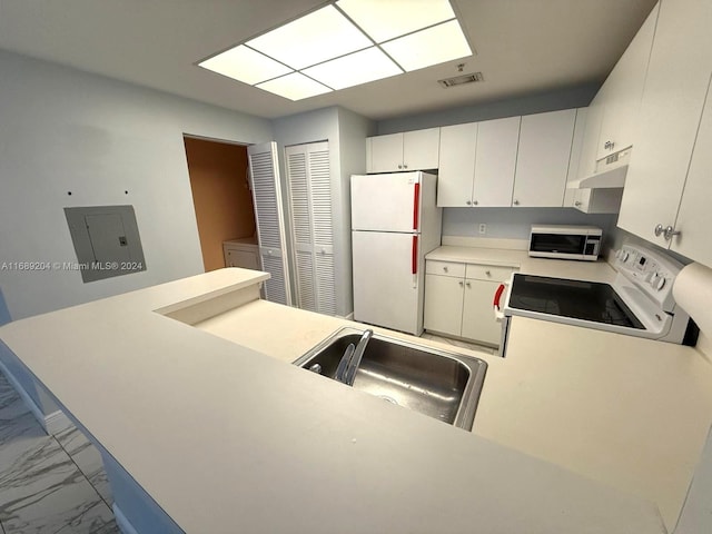 kitchen with white cabinetry, electric panel, sink, and white appliances