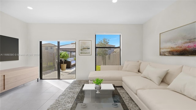 tiled living room featuring a wealth of natural light