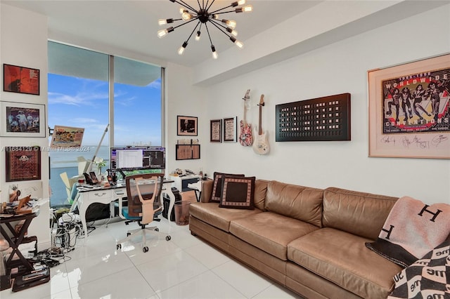 tiled home office with a notable chandelier