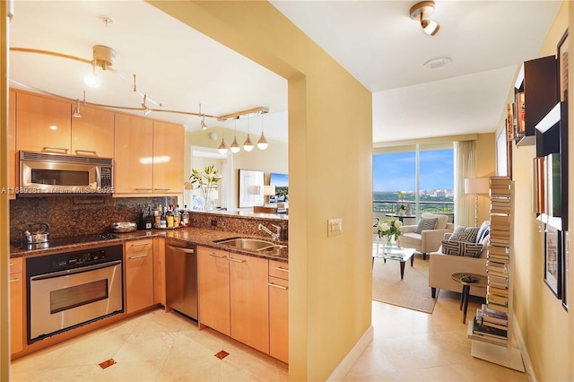 kitchen with baseboards, decorative backsplash, appliances with stainless steel finishes, dark stone countertops, and a sink