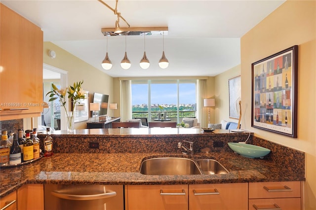 kitchen with hanging light fixtures, dark stone countertops, and sink