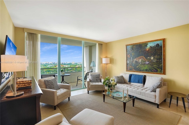 living area with baseboards and a city view