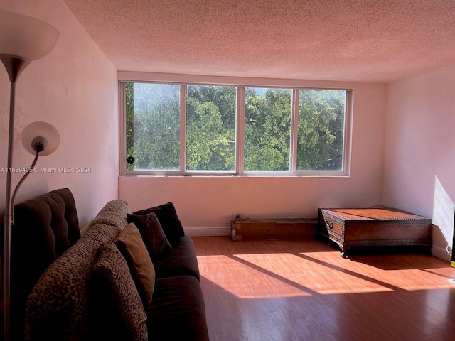 living room featuring light wood-type flooring and a textured ceiling