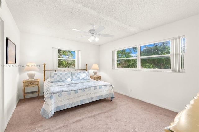 carpeted bedroom with ceiling fan, multiple windows, and a textured ceiling