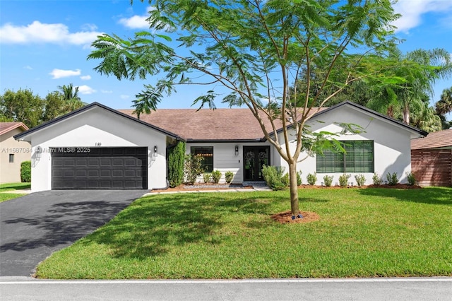 ranch-style house with an attached garage, a front lawn, aphalt driveway, and stucco siding