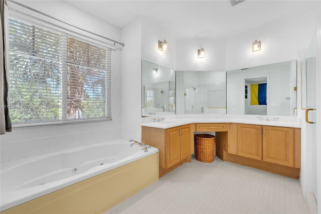 bathroom featuring vanity and plus walk in shower